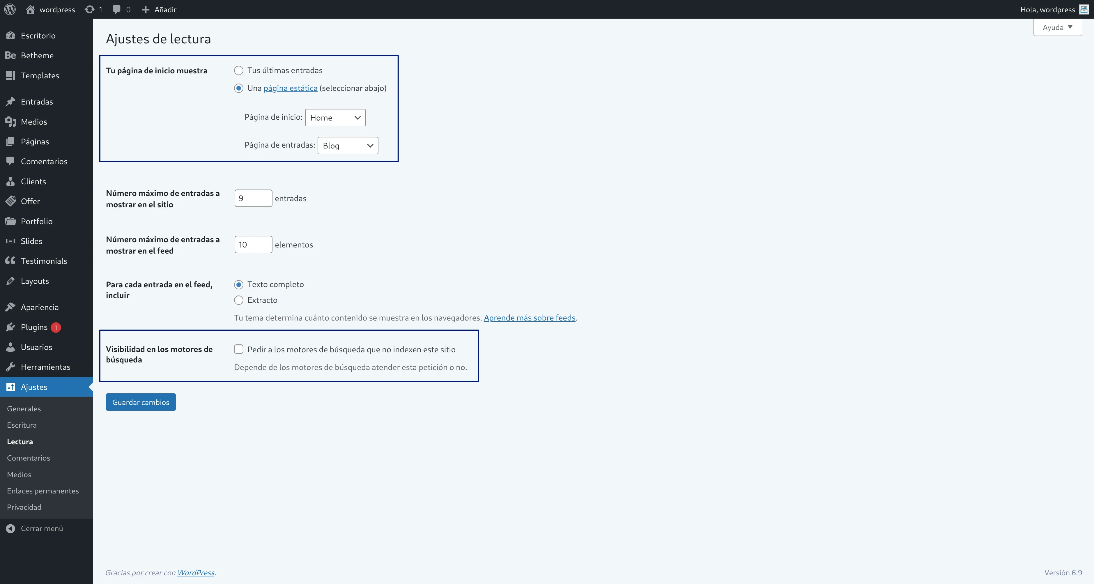 Ajustes de lectura en WordPress